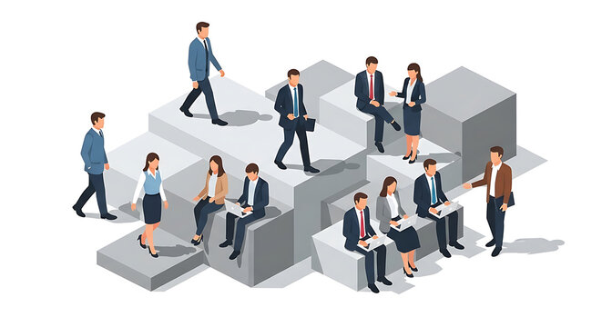 Business People Working Together on Abstract Steps Illustrating Teamwork Career Development and Corporate Collaboration Strategy
