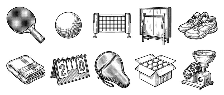 Competitive table tennis tournament equipment including crosshatch engraved ping pong paddle, ball machine, and scoreboard