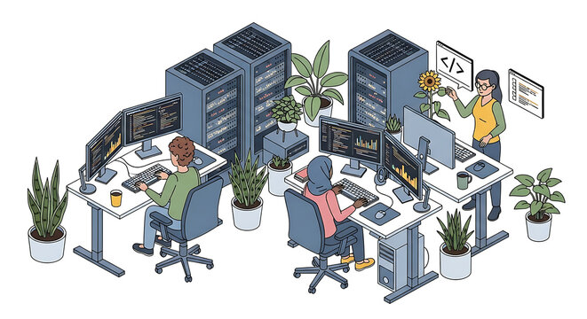 Diverse Tech Professionals Collaborating on Software Development and Data Analysis in a Modern Data Center
