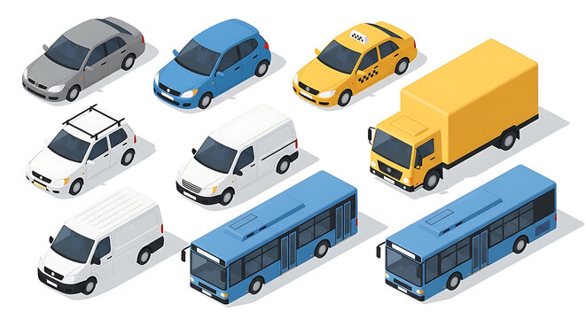 Isometric Urban Transport Vehicles Set with City Cars Vans a Taxi a Delivery Truck and Public Transportation Buses