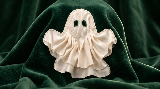 Spooky handcrafted Halloween ghost decoration, white fabric sheet ghost figure, festive autumn craft on dark green velvet fabric background