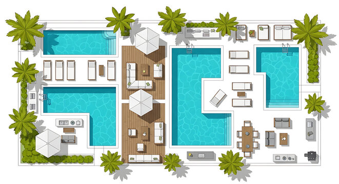 Luxury Resort Swimming Pools Outdoor Living Tropical Vacation Architectural Plan Illustrating a Highend Holiday Property with Relaxing Lounge Spaces