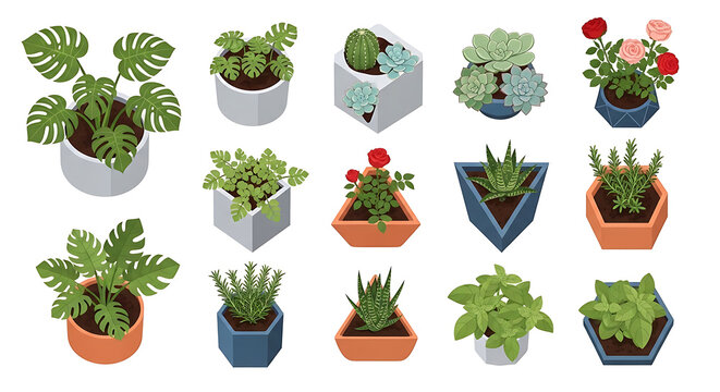 Potted Plants Collection Featuring Diverse Houseplants Succulents and Fresh Herbs in Modern Geometric Pots Ideal for Botanical Themes and Home Decor