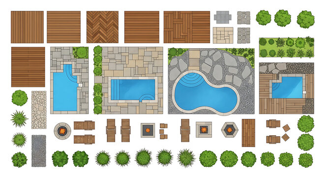 Topdown View of Various Landscape Architecture Design Elements Including Pools Patios and Decks for Modern Outdoor Living Spaces