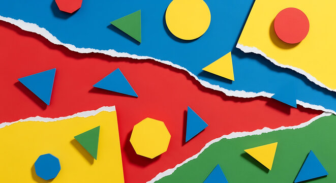 Vibrant Abstract Background with Colorful Geometric Shapes and Torn Paper Layers Perfect for Playful Graphic Design and Creative Projects