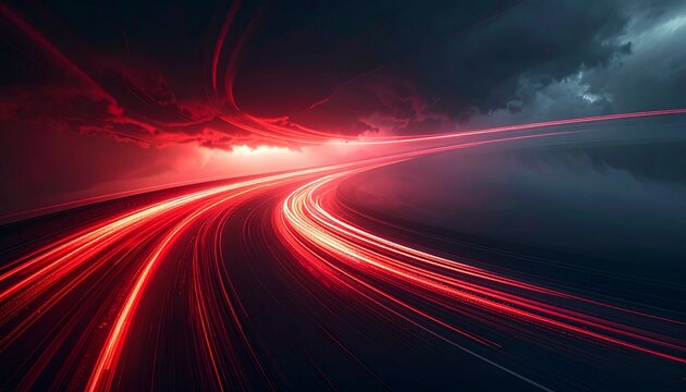 暗雲が立ち込める空と道路を駆け抜ける流動的な赤い光の軌跡