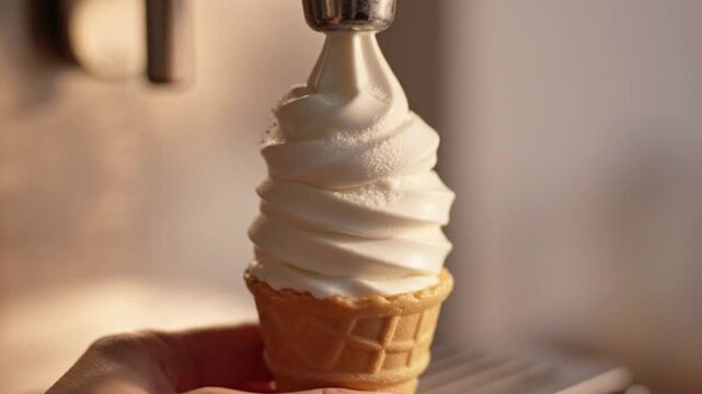 Soft serve ice cream machine dispenses creamy vanilla swirl into a crisp waffle cone held by a person.