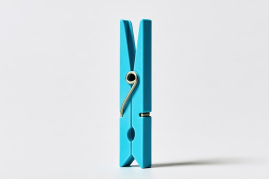 Blue clothespin standing upright on a minimalist white surface in a sharp focus macro shot for household chores and laundry service marketing