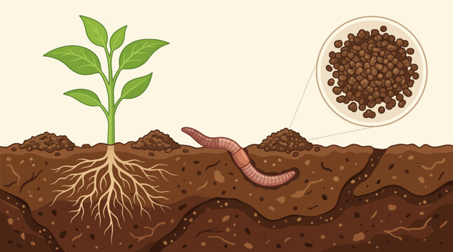 Plant growing from soil with worm and fertilizer