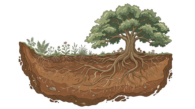Tree roots system in soil cross-section