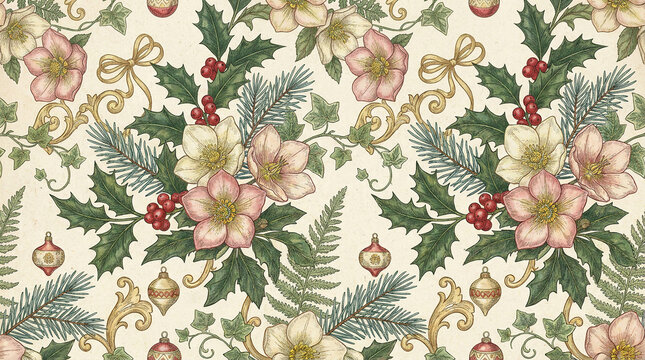 Victorian christmas flowers hellebores holly berries and pine branches.