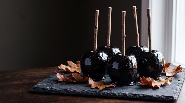 Glossy black candy apples on wooden sticks arranged on a slate plate with dry autumn leaves