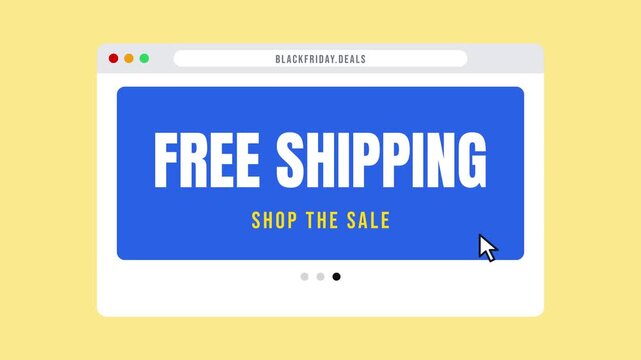 Browser window with sliding Black Friday sale banners and cursor on yellow. Seamless looping 2D animation.