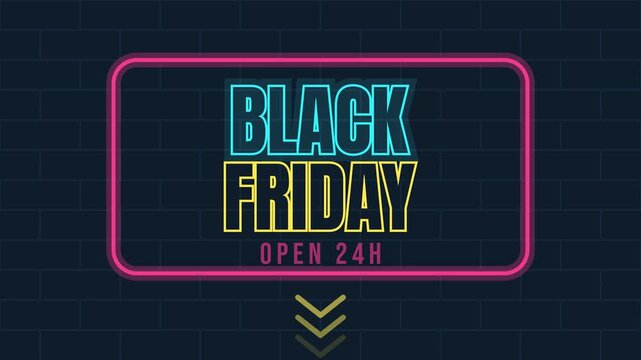 Neon Black Friday sign glowing on a dark brick wall with open 24h and arrows. Seamless looping 2D animation.