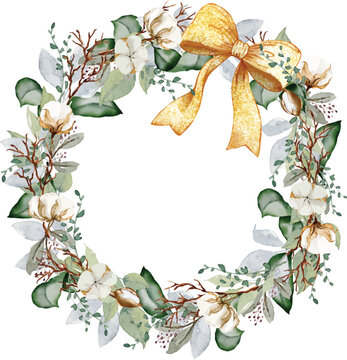 Watercolor Christmas wreath with cotton flowers, eucalyptus leaves, and yellow ribbon bow isolated on white background