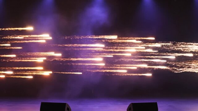 Stage pyrotechnics shooting horizontal sparks and explosive trails during live concert performance