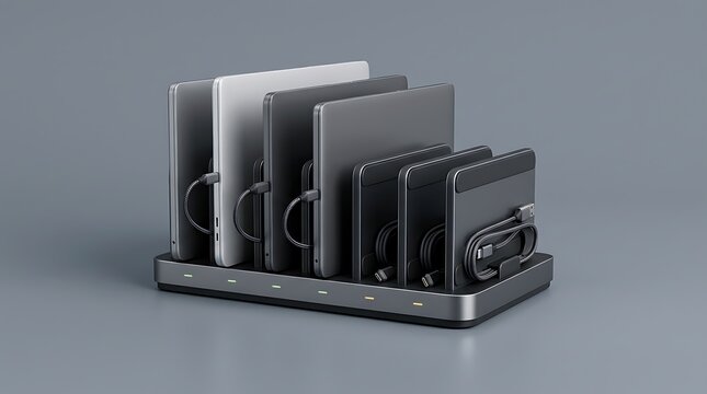 Multiple laptops and mobile devices charging simultaneously on a docking station against a grey background