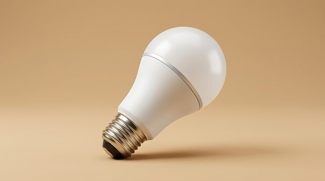 Modern white LED light bulb standing diagonally against solid beige background studio product photography
