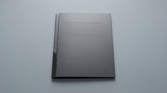 Closed black leather binder resting on clean grey surface under soft studio lighting