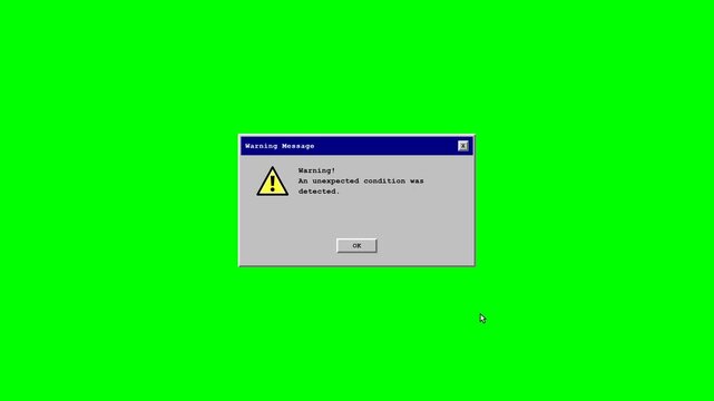 Retro computer warning popup with a blinking yellow alert icon and animated OK button click on a green screen background.