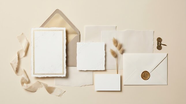 Elegant wedding stationery mockup with blank white cards, delicate envelopes, and ribbons on beige background