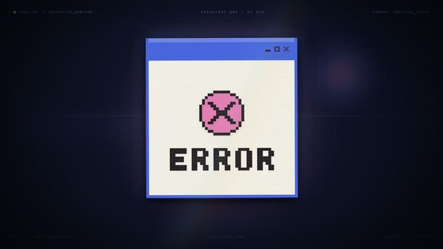 A vintage computer window displaying an alarming failure notification message with a pink circular cross icon centered above bold letters indicating system malfunction on screen