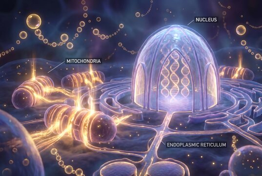 Stylized 3D illustration of a cell interior with glowing mitochondria, DNA inside the nucleus dome and endoplasmic reticulum