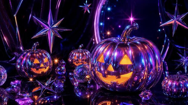 Reflective jack-o-lantern pumpkins and star decorations in a Y2K Halloween display. Halloween party decor. Retro futuristic holiday concept. Neon fantasy still life.