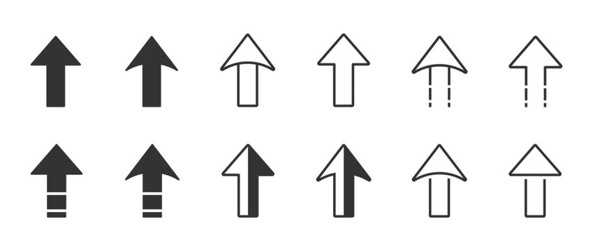 Upload vector icons set. Vertical arrows icons. Arrows directed upward icons