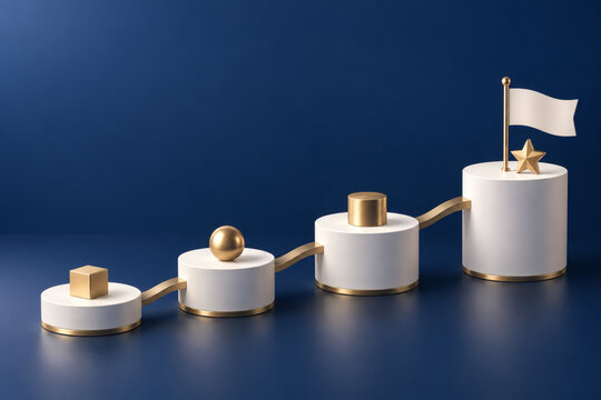 Isometric roadmap of four white platforms linked by gold bridges for quarterly planning