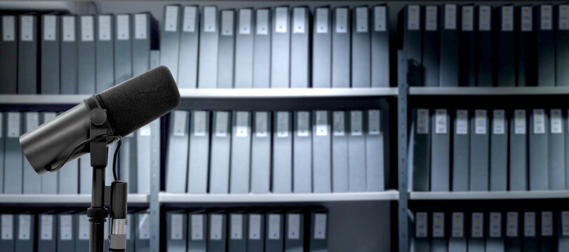 podcast microphone and archives files and folders. podcast stories banner with copy space