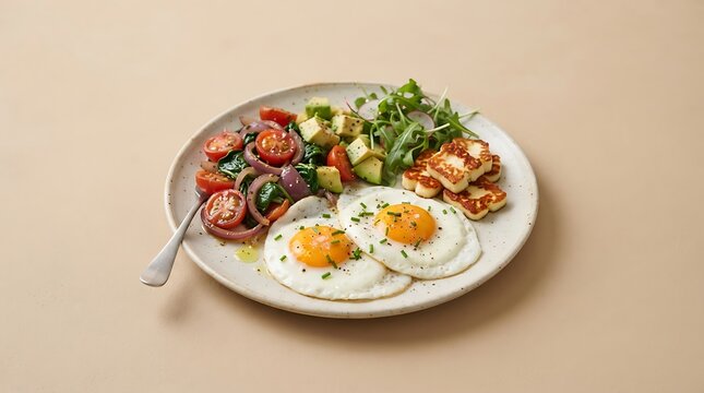 Fried eggs with fresh avocado salad and grilled cheese served on ceramic plate inside bright kitchen