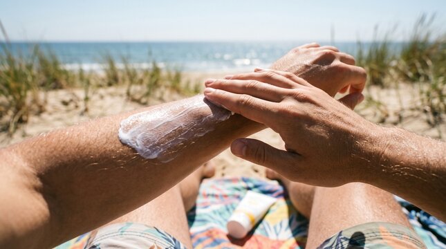 Person applying sunscreen lotion to arm on a sunny beach with ocean in background