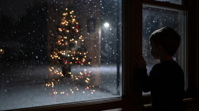 Young boy looking out window at snowy night with Christmas tree lights