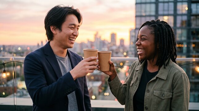 Friends toasting on a terrace at sunset, with a view of the city in the background