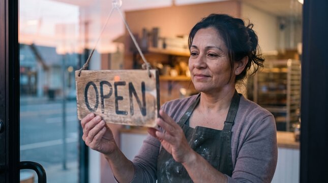The owner places an open sign on the shop door, inviting customers to come in.