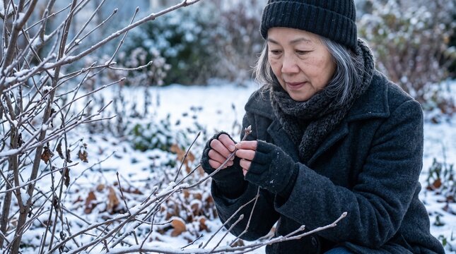 Elderly Asian woman examining branches in a snow covered garden during winter