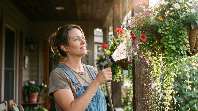 Woman watering hanging flowers on porch with hose in golden hour sunlight