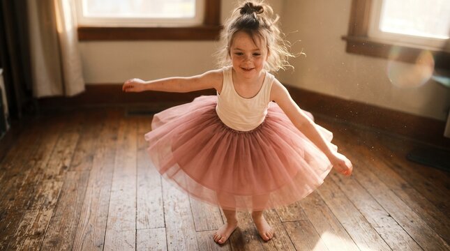A girl spinning joyfully indoors, with sunlight streaming in through the window