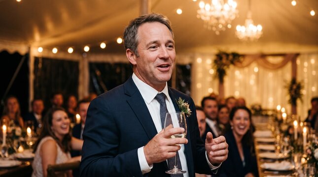 Man in a suit giving a speech in the presence of guests