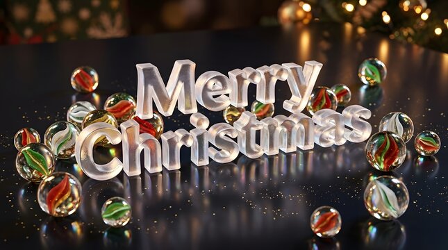 Silver merry christmas sign surrounded by colorful glass christmas ornaments on a dark reflective surface