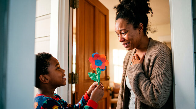 Child gives handmade flower to crying mother at doorway expressing love and emotion