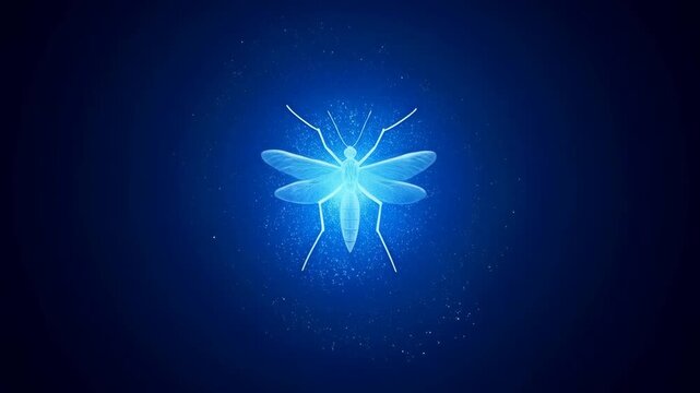Blue Glowing Mosquito Insect with Luminous Wings and Sparkling Particles Against Dark Background