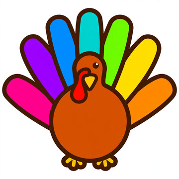 Flat vector turkey with a colorful fanned tail