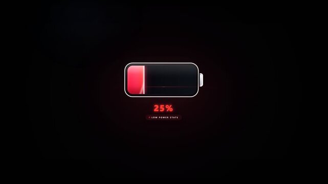 A low smartphone battery icon showing twenty five percent remaining power glows brightly inside a dark digital display screen during a rapid recharge cycle in an electronic mobile device