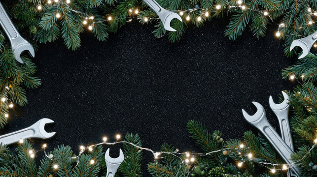 Framed by fir branches, metal tools and wrenches with garland of lights on black. Postcard with place for greeting text for happy new year with industrial holiday concept