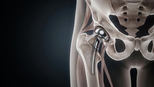 Medical hip replacement illustration, anatomical joint prosthesis in human pelvis bone anatomy, orthopedic hip implant 3D rendering for healthcare