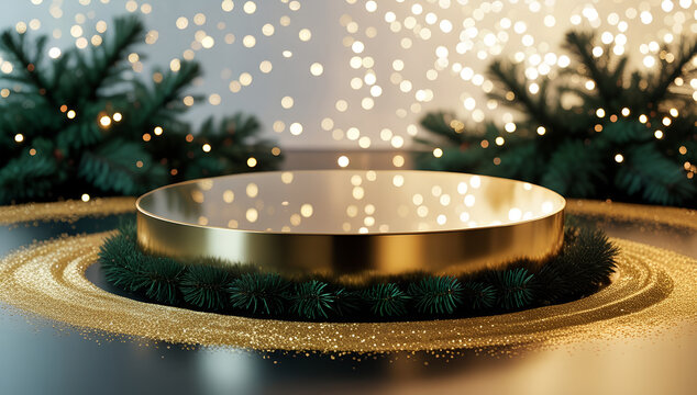 16:9 aspect ratio premium gold stage cylinder with circular glitter paths and dark bokeh background