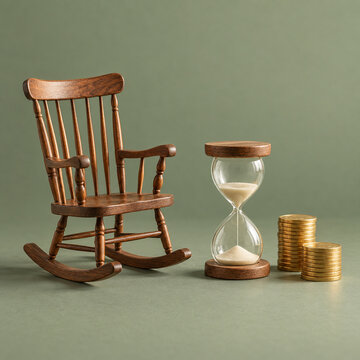 Rocking chair with hourglass and coins for retirement savings