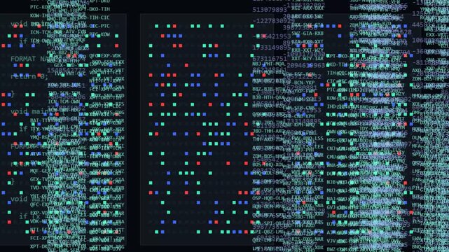 Programming code scrolling on dark screen with abstract colorful glowing data nodes processing rapidly in modern software interface
